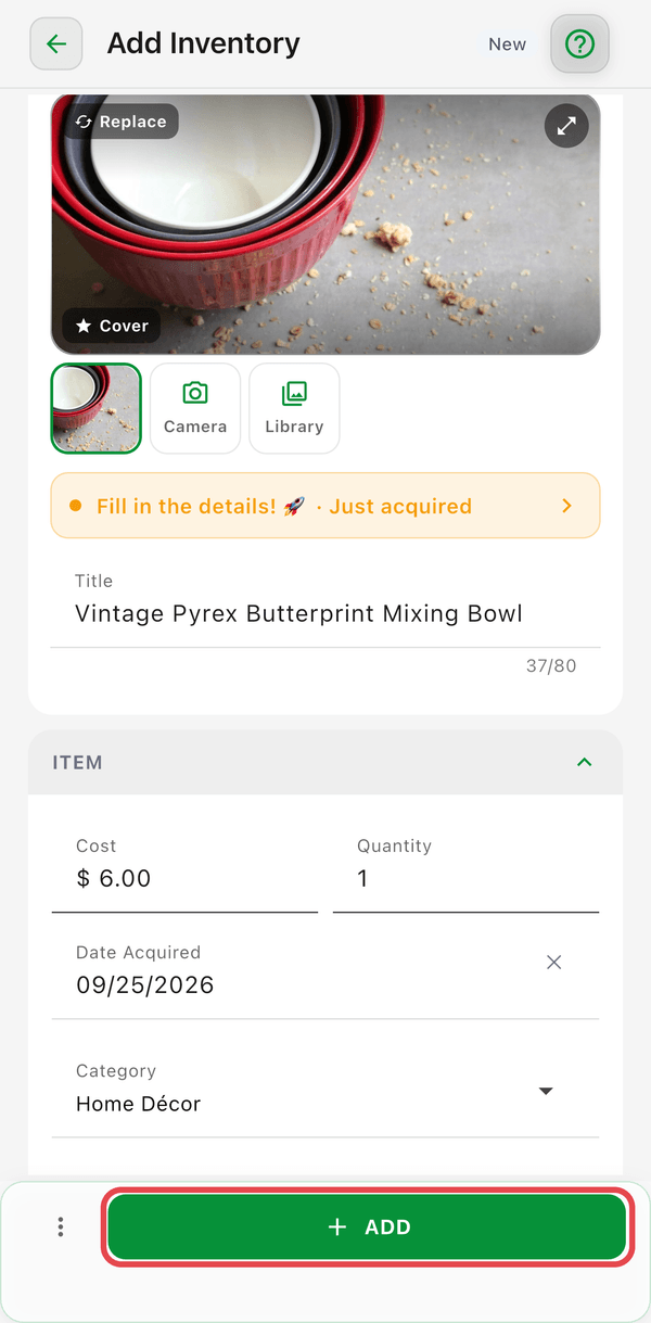 A new item filled in with a photo, title, cost, and category, with the Add button highlighted