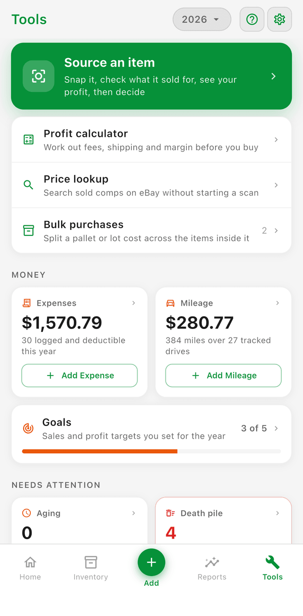 The Tools screen with Source an item, the profit calculator, expenses, mileage, and goals