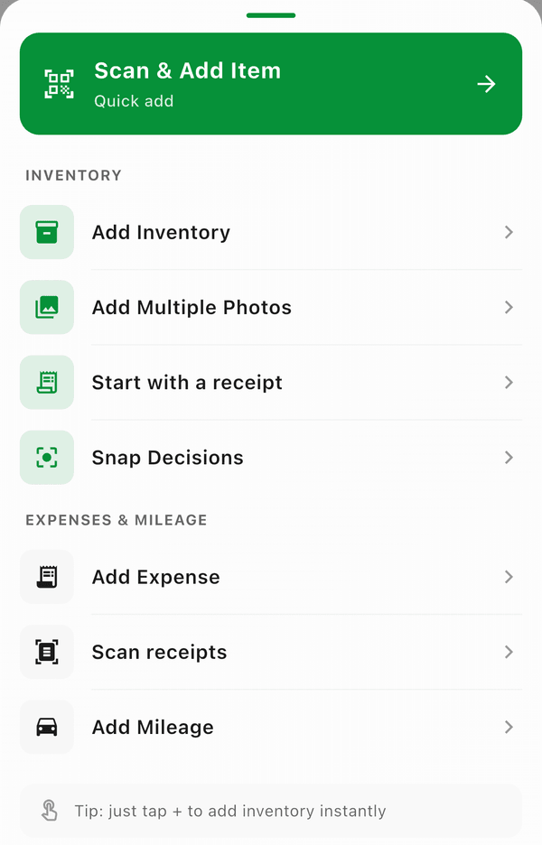 Holding the Add button opens a menu with Scan & Add Item, Add Inventory, Add Multiple Photos, receipts, expenses, and mileage