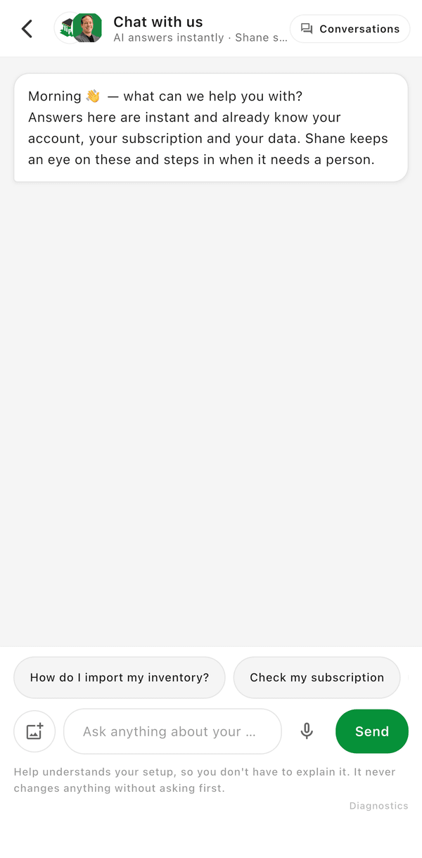 The Chat with us screen, where answers come instantly and a person steps in when needed