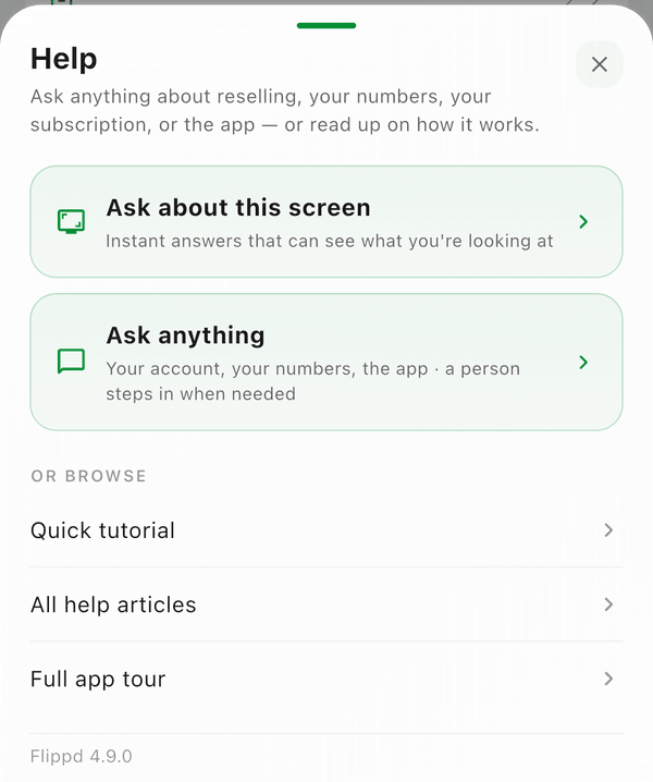 The Help sheet: Ask about this screen, Ask anything, Quick tutorial, All help articles, and Full app tour