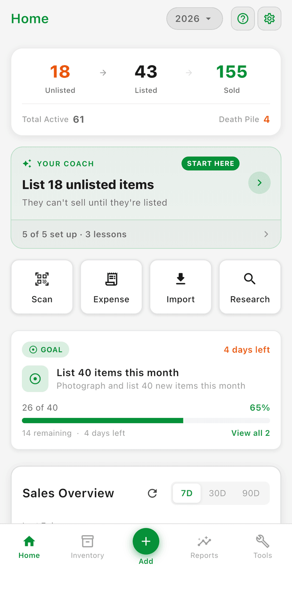 The Home dashboard showing unlisted, listed, and sold counts, the Coach card, quick actions, and a goal