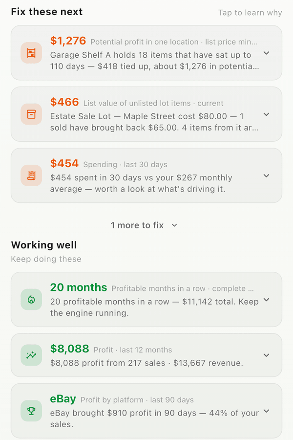 The Fix these next list, with potential profit on one shelf, list value of an unsold lot, and a spending jump, followed by Working well: 20 profitable months in a row, 12-month profit, and eBay's share of profit