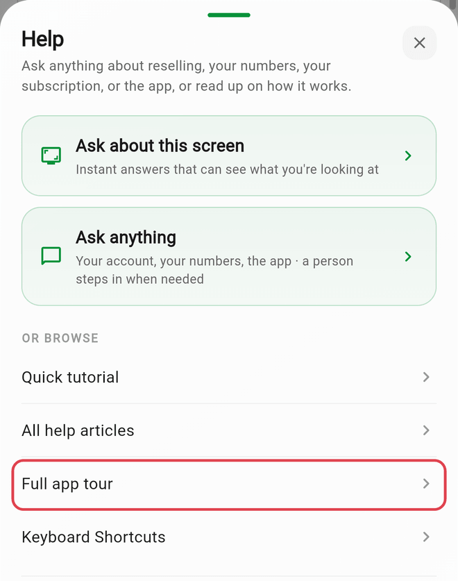 The Help sheet opened from the ? icon, with Full app tour highlighted