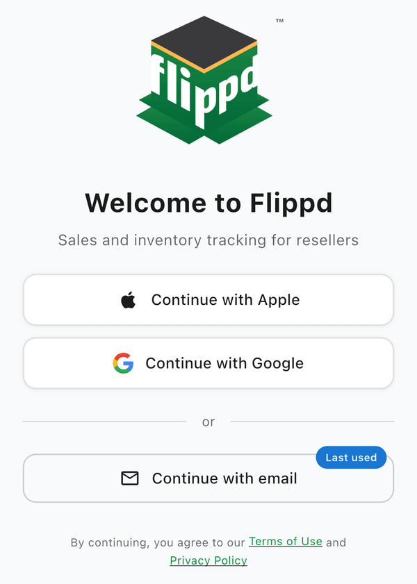 Flippd sign-in screen with Apple, Google, and email sign-in options