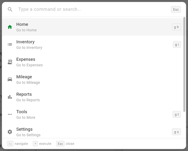The Command Palette with a search box and a list of screens to jump to
