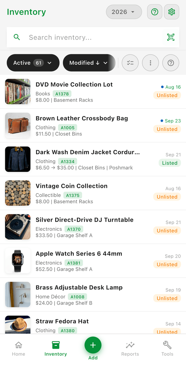 The Inventory list with photos, costs, SKUs, and status for each item
