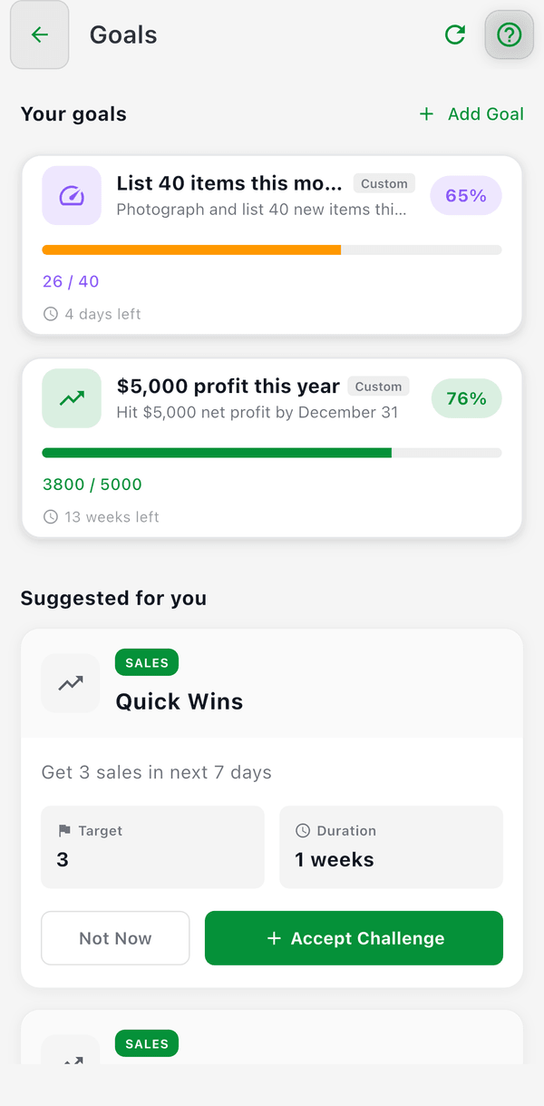 The Goals screen with custom goals, their progress, and suggested challenges