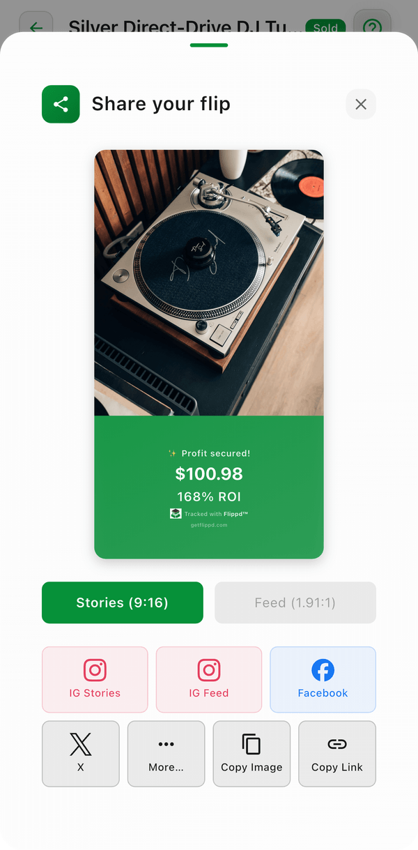 Share your flip: the story card preview with profit and ROI, and share buttons