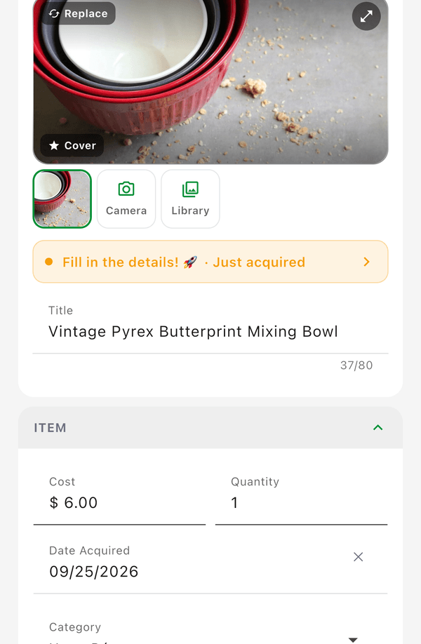 The Add Inventory form with a photo, title, cost, and category filled in