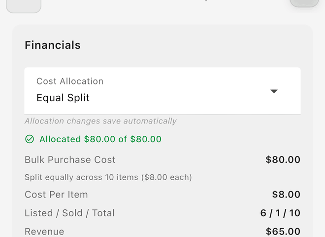 A bulk purchase's Financials with the Cost Allocation picker and the split across its items