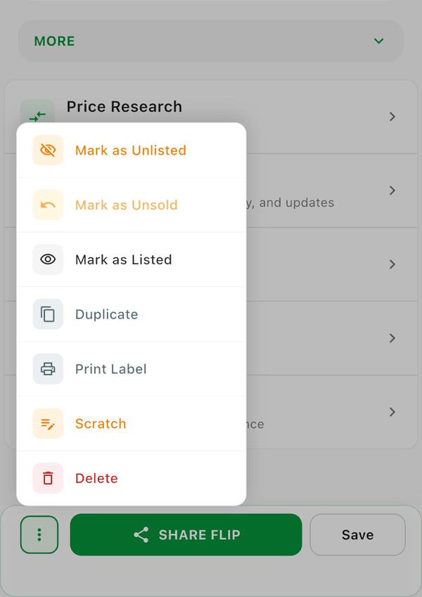 The item menu with Mark as Unlisted, Mark as Listed, Duplicate, Print Label, Scratch, and Delete