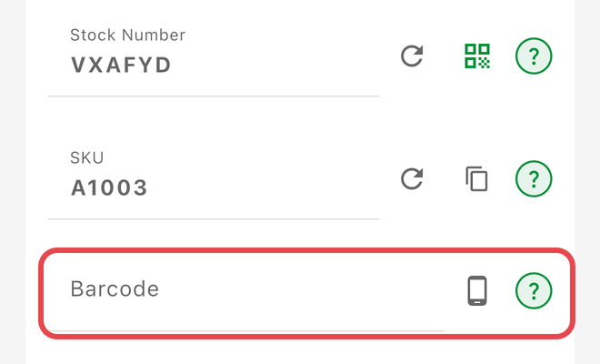 The Barcode field on an item, with the scan button on the right