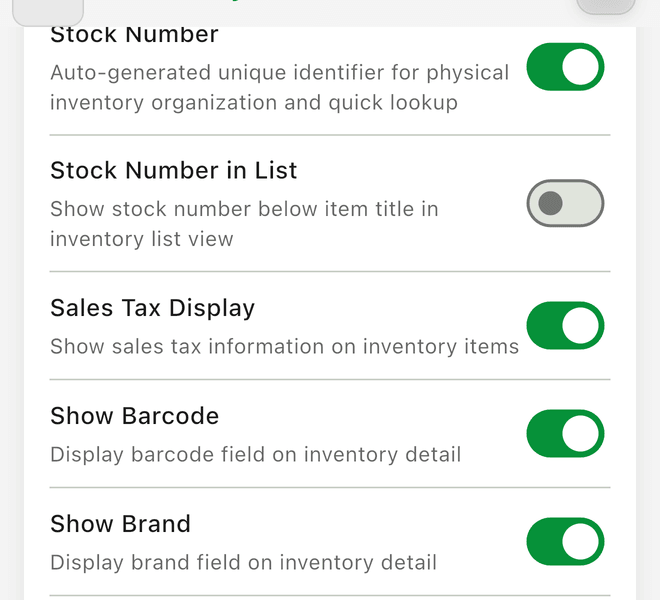 Inventory Preferences with Show Barcode switched on