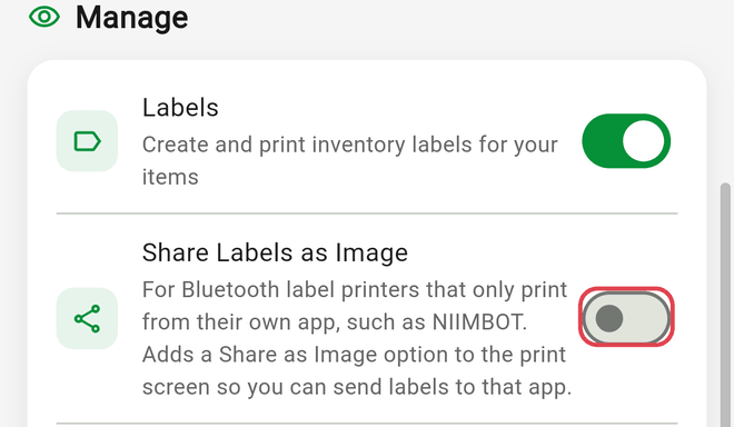 The Share Labels as Image switch under Manage in Feature Visibility