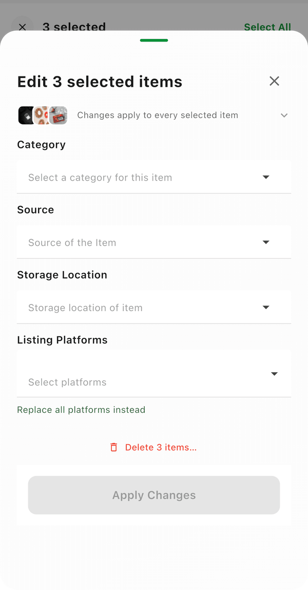 Edit 3 selected items: category, source, storage location, and listing platforms