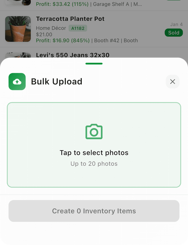 The Bulk Upload sheet: tap to select up to 20 photos