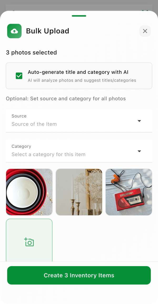 Bulk Upload with three photos selected, AI titles on, and Create 3 Inventory Items