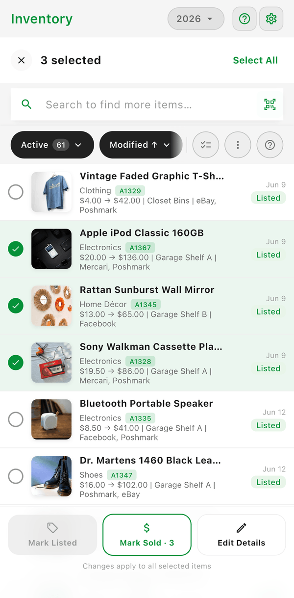 Bulk edit mode with three items selected and Mark Listed, Mark Sold, and Edit Details at the bottom