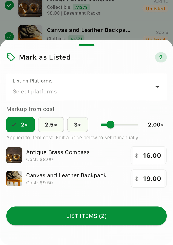 The Mark as Listed sheet with platforms, markup from cost, and a price for each item