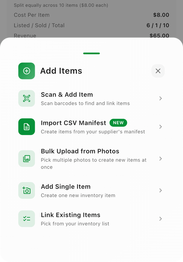 Add Items: Scan & Add, Import CSV Manifest, Bulk Upload from Photos, Add Single Item, and Link Existing Items