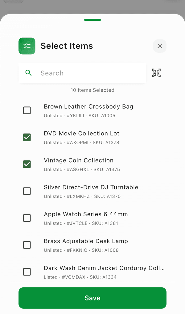 The Select Items picker with search, a scan button, and checkboxes