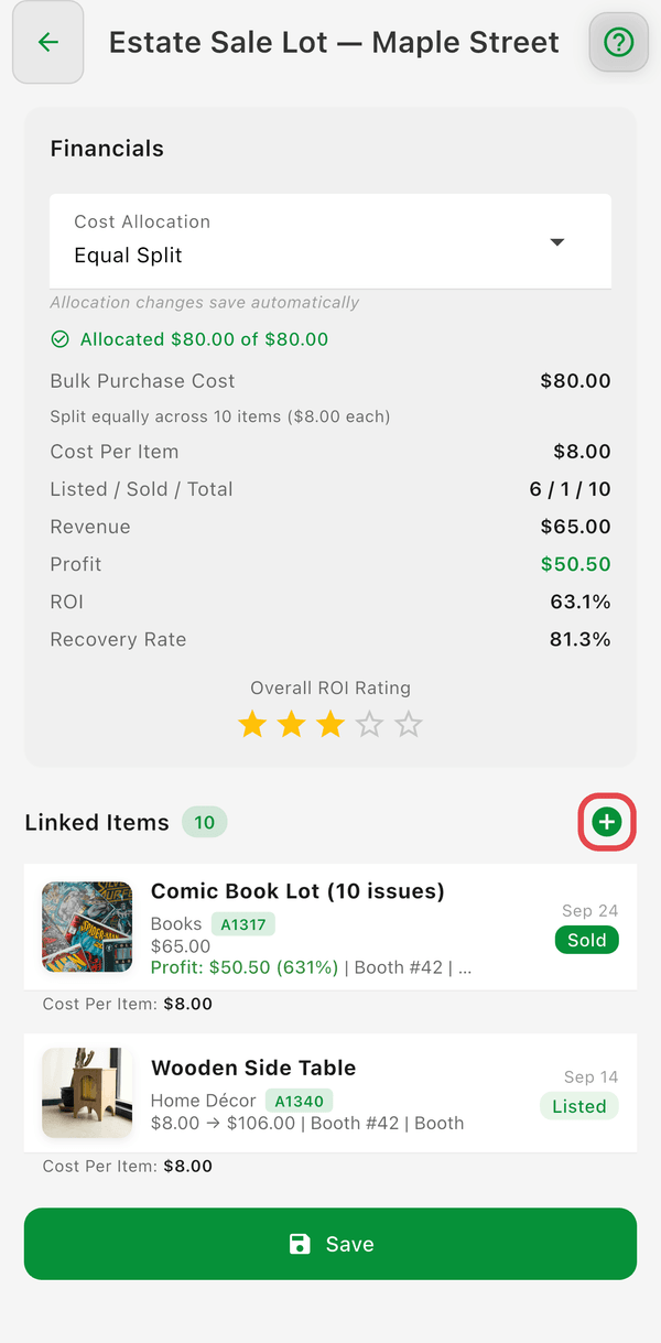 A bulk purchase with its financials and Linked Items, and the green + to add items