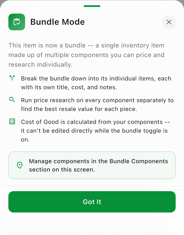 The Bundle Mode explainer that appears when you turn an item into a bundle