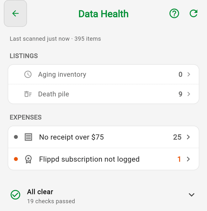 The Data Health screen with findings grouped under Listings and Expenses