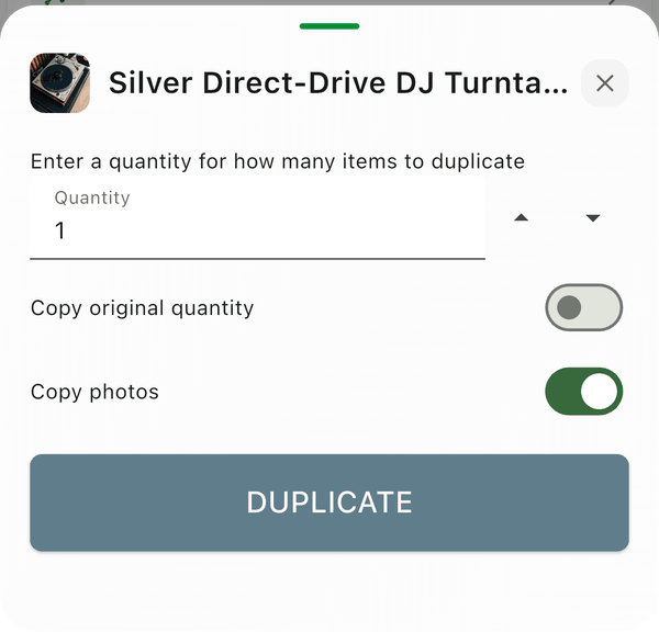 The Duplicate sheet with quantity, Copy original quantity, and Copy photos