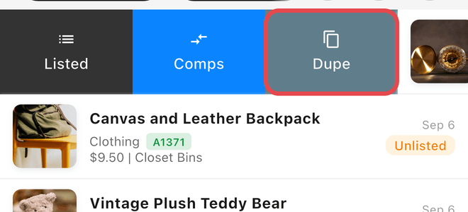 Swiping an inventory row to reveal the Dupe action