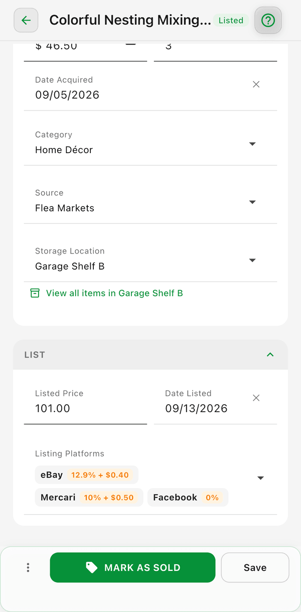 An item's detail screen with editable cost, dates, category, source, storage location, and listing details