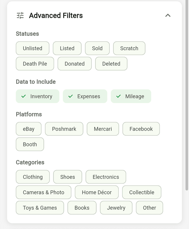 The Export tab's Advanced Filters with Statuses, Data to Include, Platforms, and Categories