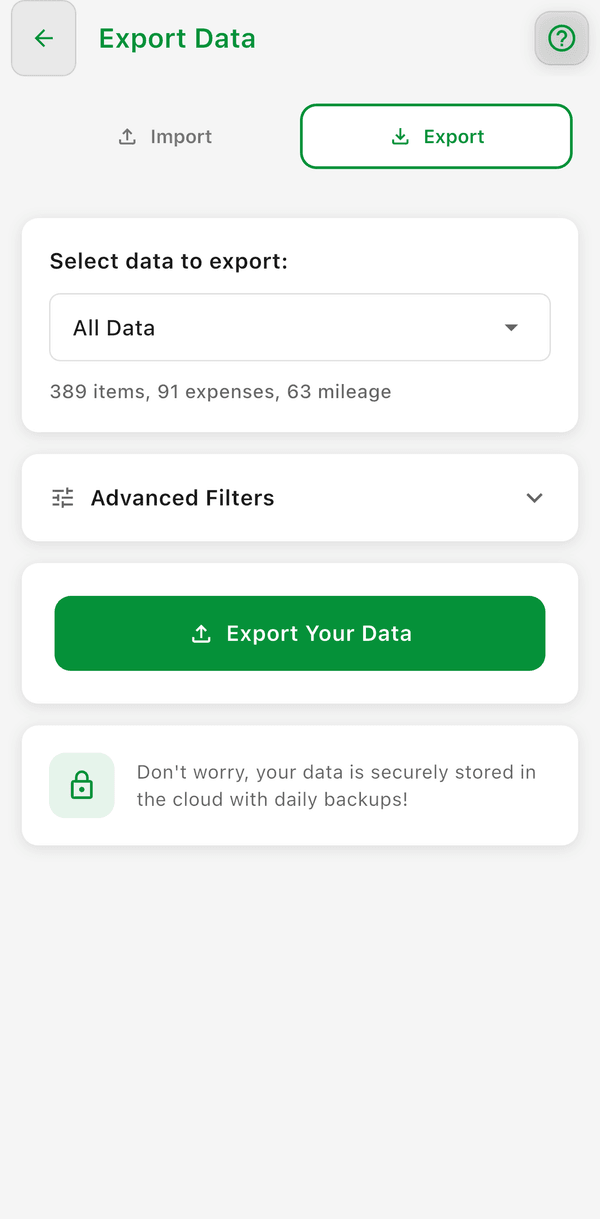 The Export tab with year, what to include, and Export Your Data