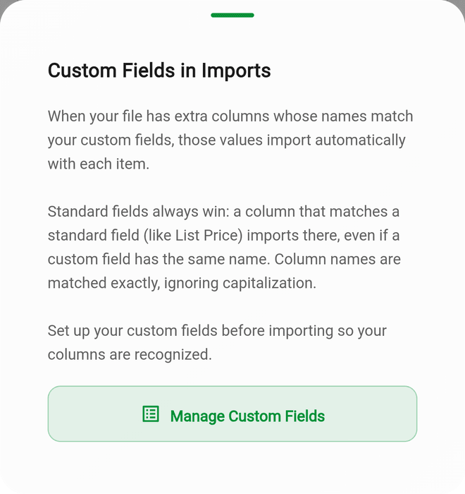 The Custom Fields in Imports explanation with the Manage Custom Fields button