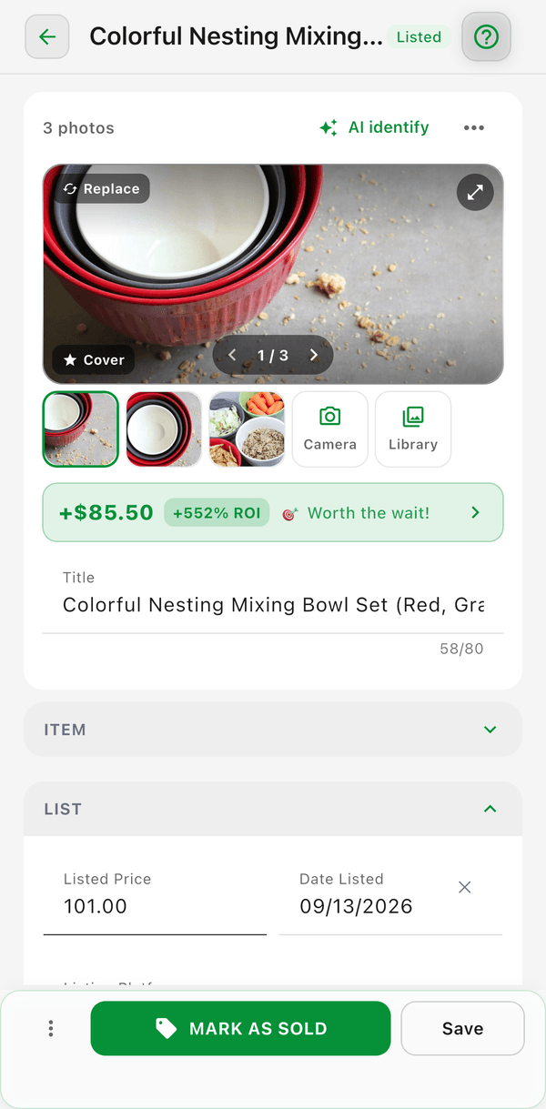 The item detail screen for a three-photo item with the profit summary and title