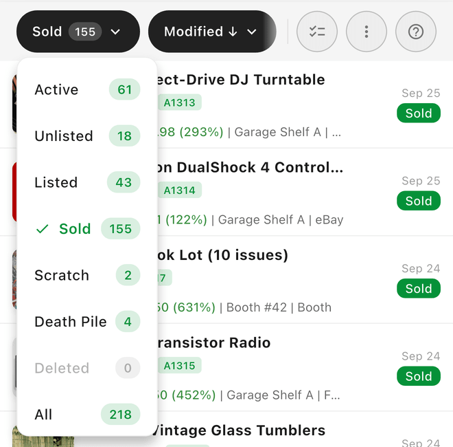 The status filter: Active, Unlisted, Listed, Sold, Scratch, Death Pile, Deleted, and All