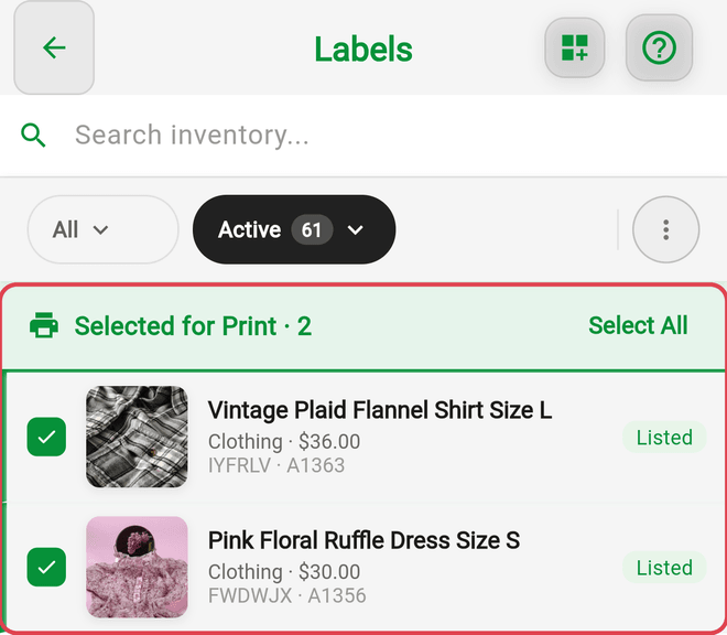 The Labels screen with two items pinned under Selected for Print and the Select All button
