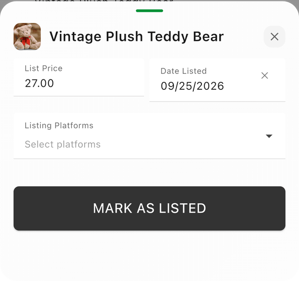 The Mark as Listed sheet with list price, date listed, and listing platforms