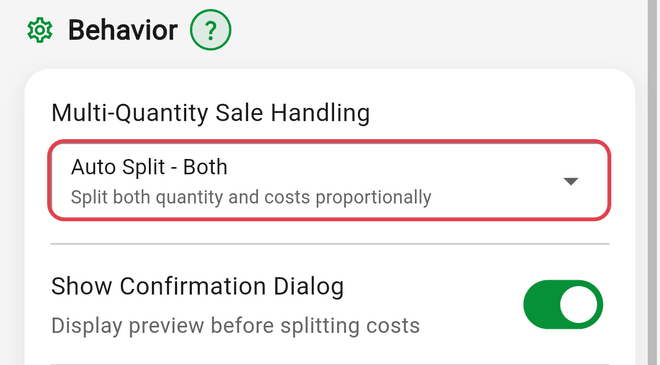 Multi-Quantity Sale Handling set to Auto Split - Both, with Show Confirmation Dialog on