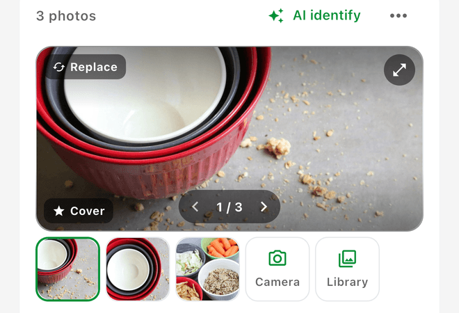 The photo section: Replace, AI identify, the photo strip, and Camera and Library buttons