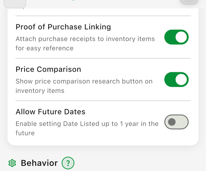 Inventory Preferences with Proof of Purchase Linking switched on