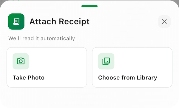 The Attach Receipt sheet with Take Photo and Choose from Library