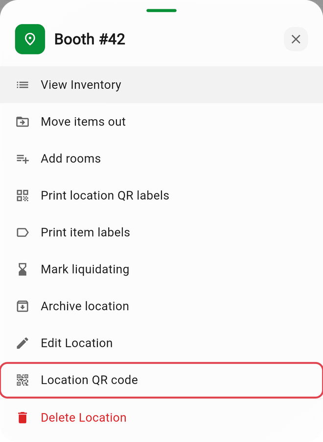A storage location's menu with Location QR code highlighted