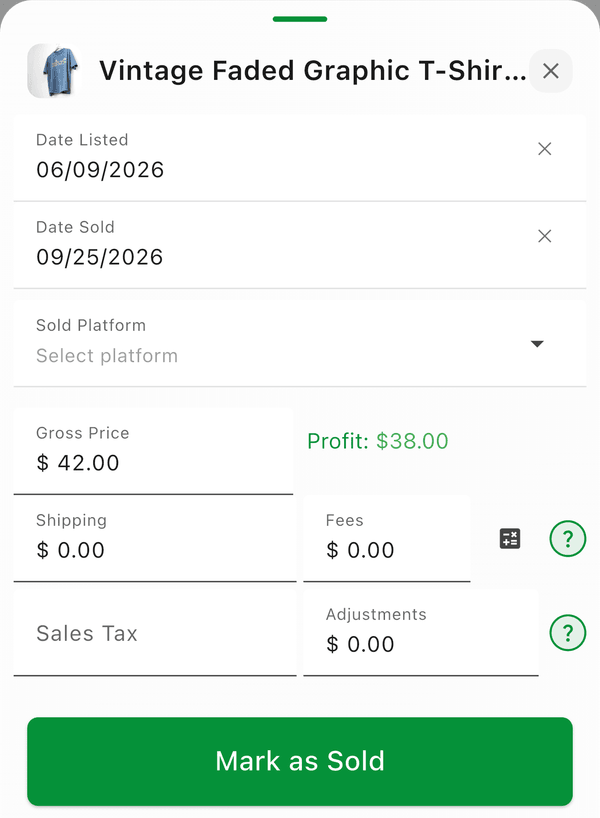 The Mark as Sold form with dates, sold platform, gross price, shipping, fees, sales tax, and adjustments