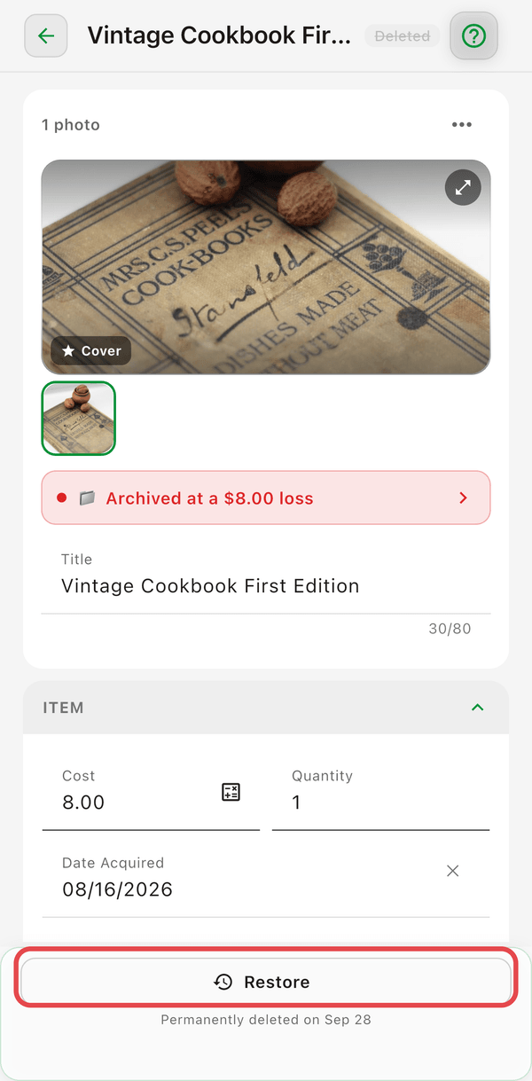 A deleted item's detail screen with Restore and the permanent deletion date
