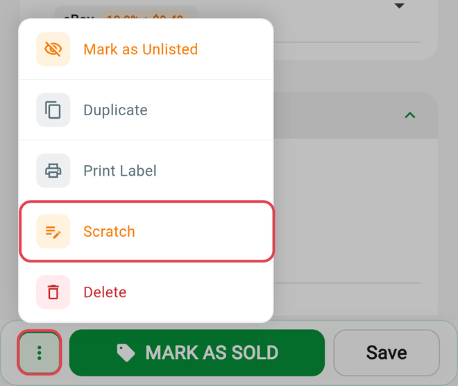 The three dots menu on an item open, with Scratch highlighted