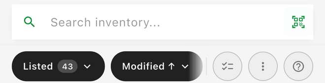 The Inventory search bar with status, sort, bulk edit, and more chips
