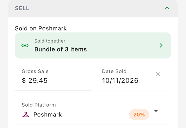 The Sell section of a sold item with the Sold together banner reading Bundle of 3 items above its share of the gross sale
