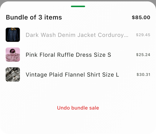 The bundle sheet listing the three items with their sale prices, the 85.00 total and the Undo bundle sale button